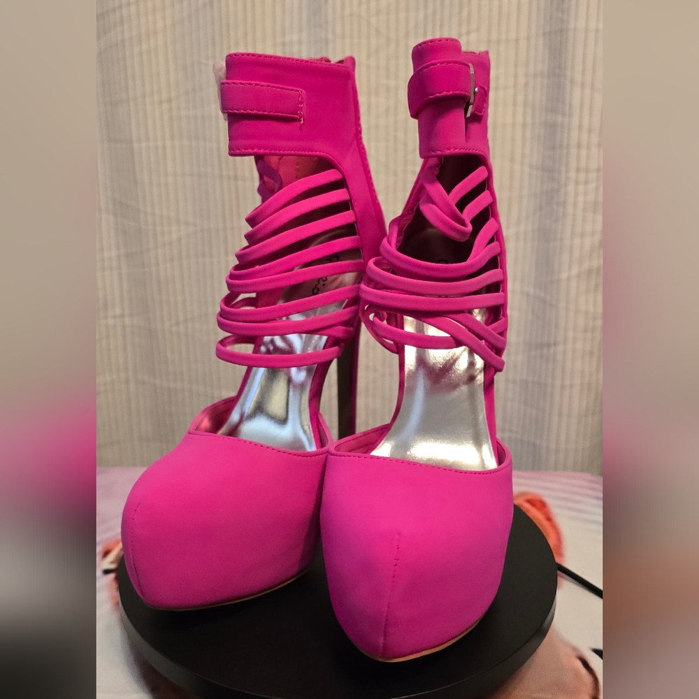 #3332 Qupid women's elegant high heels striped shoes color hot pink